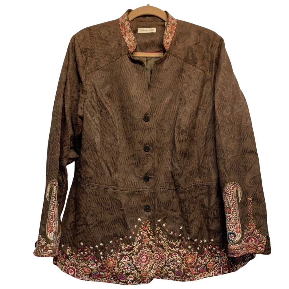 Coldwater Creek Embroidered Paisley Jacquard Jacket Size‎ 20 Brown Boho Artsy